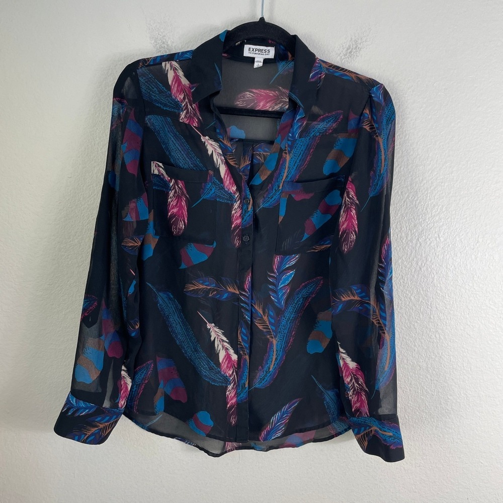 Express Portofino Shirt Womens Small Black Feather Button Up Sheer Blouse